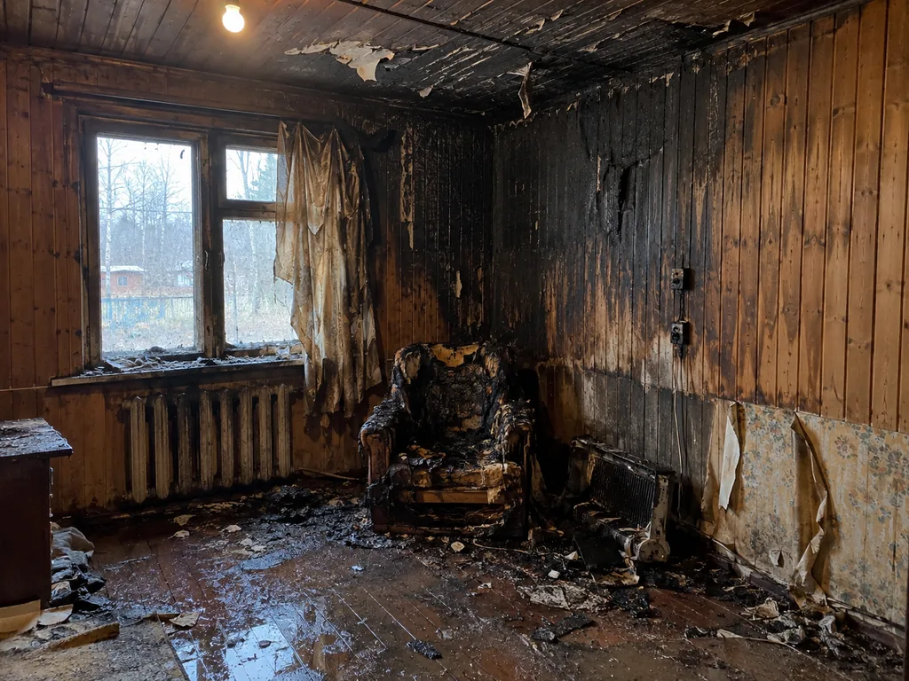 Комната в частном доме после пожара - до уборки